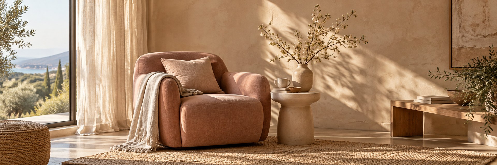 Un rincón tranquilo con sillón rosa y luz cálida: un espacio para ti.