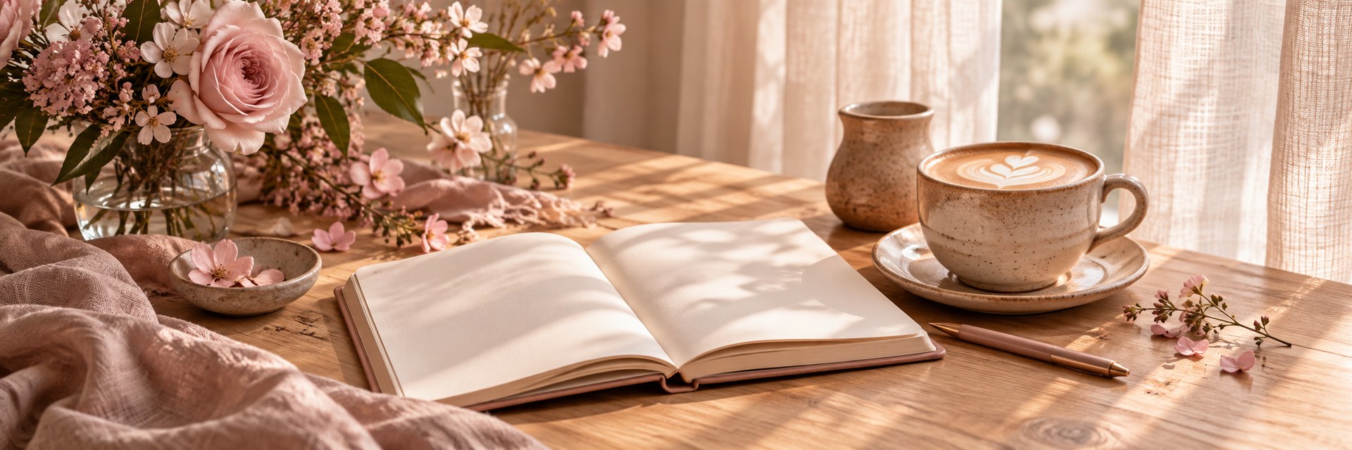 Un cuaderno, flores rosas y una taza junto a la ventana: un momento para hacer una pausa.
